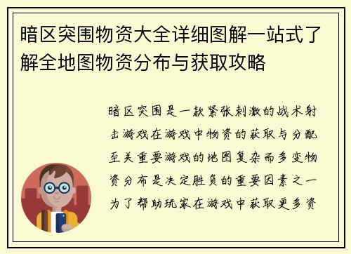 暗区突围物资大全详细图解一站式了解全地图物资分布与获取攻略