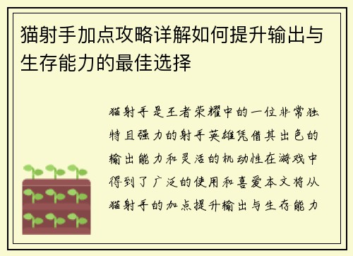 猫射手加点攻略详解如何提升输出与生存能力的最佳选择